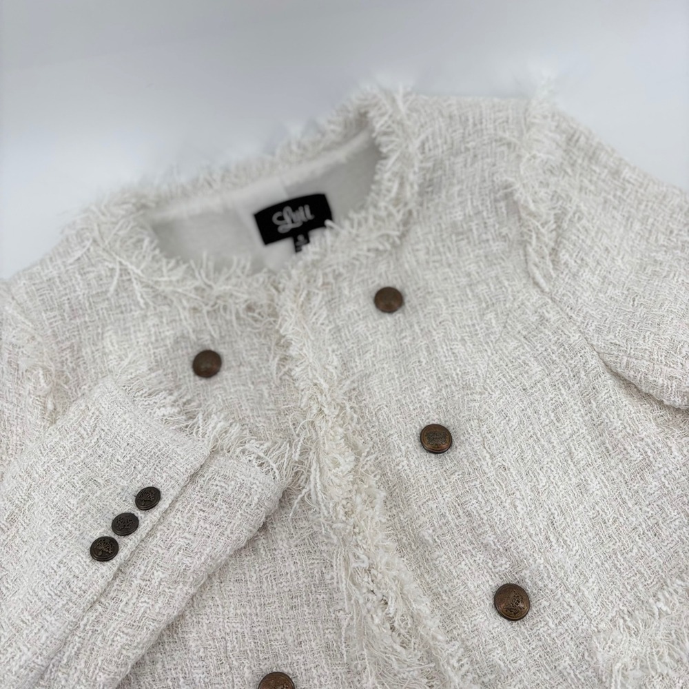 Luii Tweed Frayed Trim Blazer‎ Jacket Small Cream Double Breasted Raw Hem